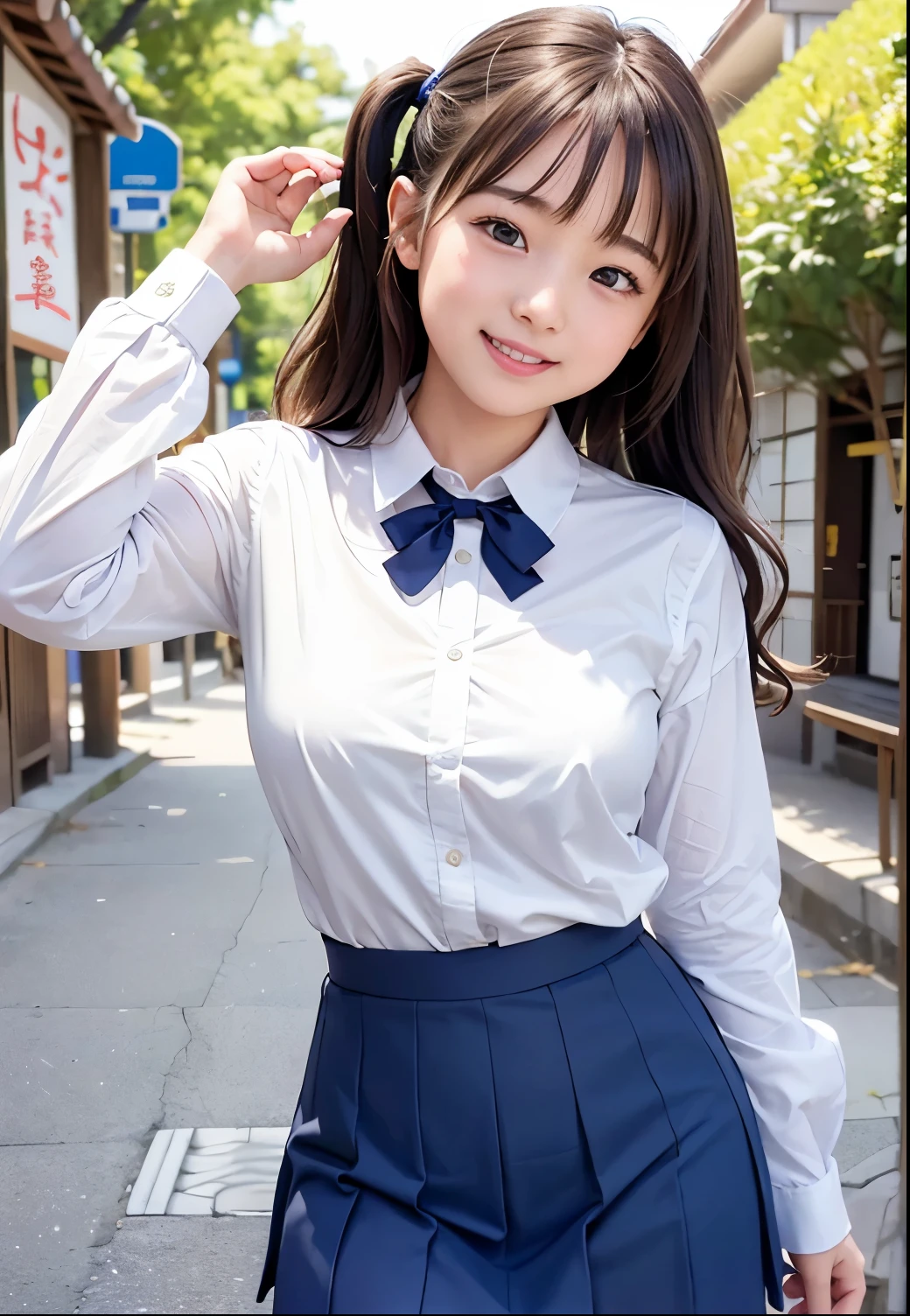 (Highest quality,masterpiece:1.3,Ultra-high resolution),(Very detailed、Caustics) (Realistic:1.4, RAW shooting、)Ultra-Realistic Capture、Very detailed、Natural skin texture、masterpiece、(A Japanese  girl wearing a white shirt and a navy blue micro mini skirt:1.3)、Adorable expression、Expressions of happiness、10 years old、heigby Face、Pure girl、Amazinglyn tail hairly Hair、Ribbon tie、Black Hair、Large Breasts、Shining thighs、Shining ass、Shooting on the main street of a tourist spot、Summer early morning、Background details、smile、An inviting gaze、(Anatomically correct)、Cowboy Shot、Attention to detail、