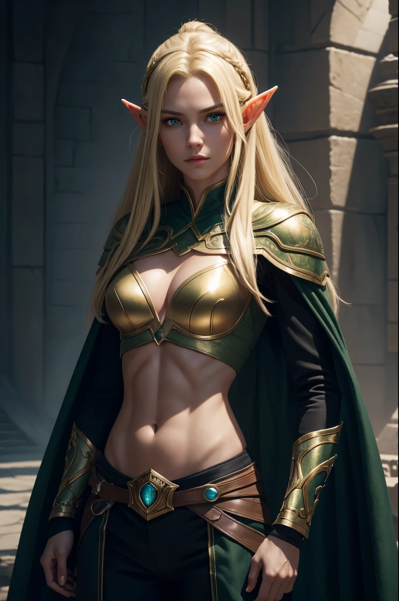 8k,An elf woman who serves as the vice-commander of the Brave Knights..,so beautiful(Like the real thing),Green Eyes,Elf Ears,Blonde Straight Hair,Muscular and slim body,Strongly defined abdominal muscles,Luxurious black exterior,Luxury Black Combat Trousers,sneer,Long, narrow eyes,masterpiece,Photorealistic RAW photos of the highest quality。Bright colors,Rich colors, Backlight, Cinema Lighting, Film Grain, to be born, 50mm lens, Nikon D850,Realistic Skin,Fantasy art,Character Art,Ultra-high resolution,Realistic scale skins,Perfect hand shape,View your viewers,Beautiful expression,1 comb&#39;hair,Very small breasts,豪華な緑と黒のVery small breastsの胸鎧,Luxurious black shoulder pad,Luxurious black gauntlets,Luxurious black armour,Luxurious black leg armor,View your viewers,Thin breastplate,Top-down view,close,Sharp Eyes,Dynamic fighting pose,Showing very little cleavage,smile,