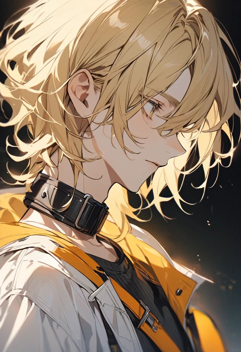 character with blonde hair, and wearing a collar. he looks to the side.