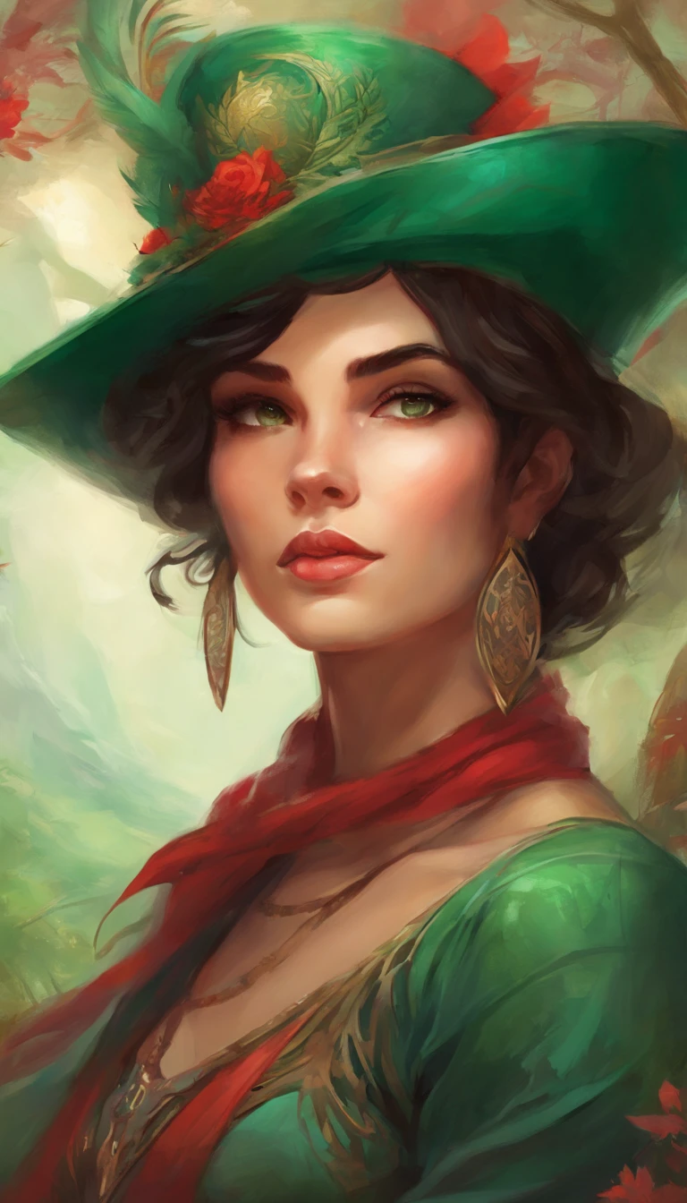A young brunette with a short haircut and tattooed arms poses in a red hat with large emerald earrings. Her lips are slightly parted in a slight smile, and the gaze is directed into the distance, through the lepes