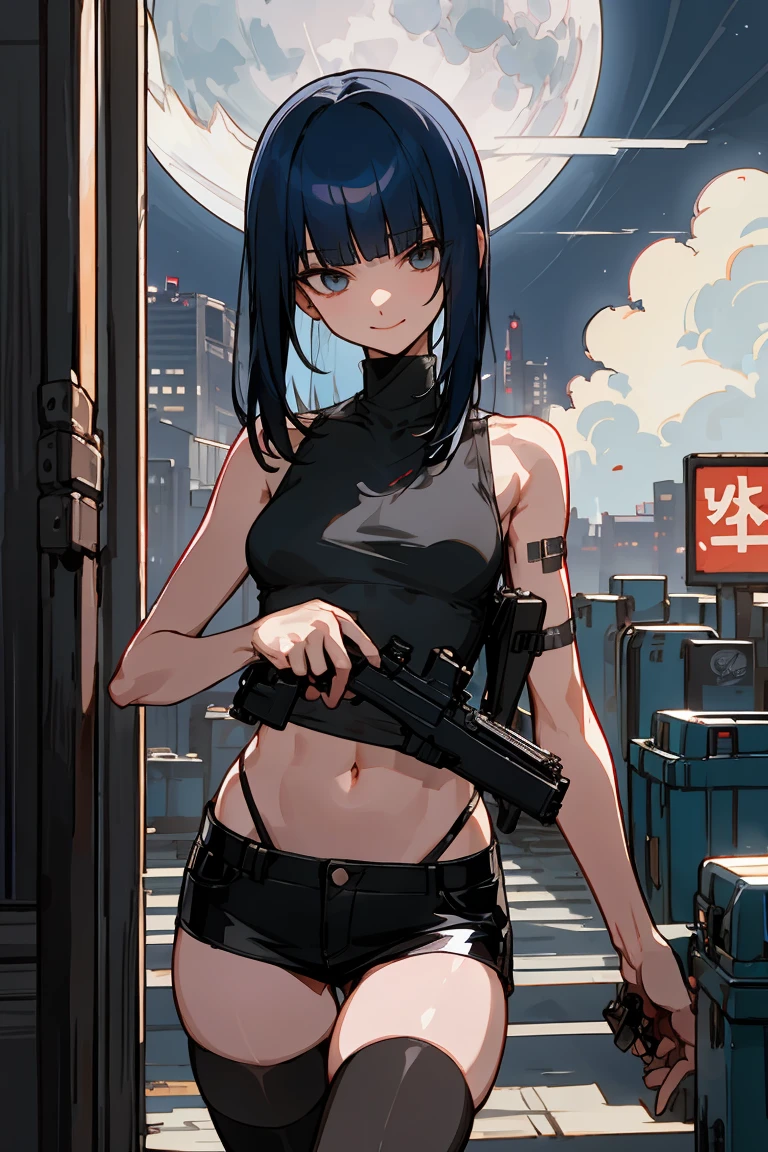 Dark blue hair, straight bobbed hair, blunt bangs, warm, devoted, honest, pacifistic, gentle smile, pretty smile,　slender body, smaller head、ideal ratio body proportions,medium breasts,punk rock fashion、Black tank top、Navel is visible、black leather micro miniskirt、thigh_gap, black_thighhighs,standing,Holding a handgun in your hand、precise and accurate handgun、Trade port、warehouses lined up、Warehouse district、Tokyo、at night、moonlight、