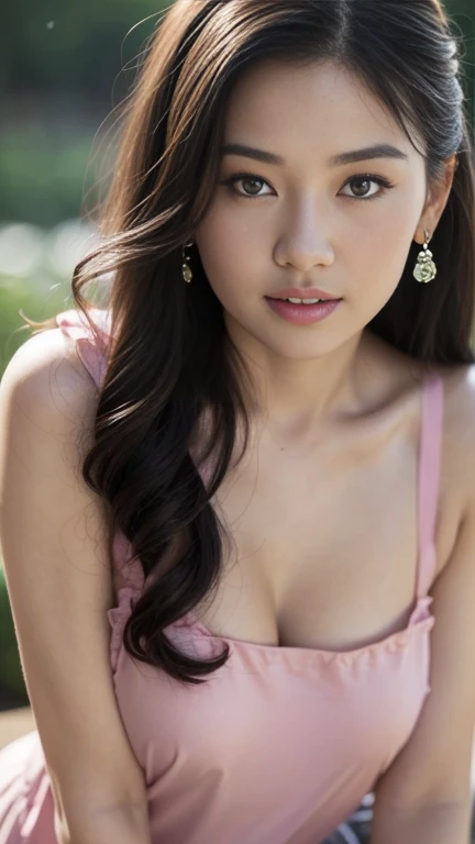 Gentle portrait of a beautiful Asian woman, flowing hair, captivating blue eyes, delicate features, radiant smile, natural makeup, elegantly dressed, ((Pink colour Boatneck Sleeveless Vintage Tea Dress)), ( hair adornment、bow ribbon、frilld、shairband、Jewelry Accessories ), gentle expression, slight blush, warm skin tones, fantastic lighting, soft shadows, high-resolution digital painting, realistic style, artistic interpretation, by a skilled portraitist.