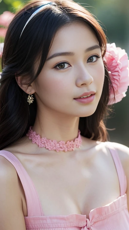 Gentle portrait of a beautiful Asian woman, flowing hair, captivating blue eyes, delicate features, radiant smile, natural makeup, elegantly dressed, ((Pink colour Boatneck Sleeveless Vintage Tea Dress)), ( hair adornment、bow ribbon、frilld、shairband、Jewelry Accessories ), gentle expression, slight blush, warm skin tones, fantastic lighting, soft shadows, high-resolution digital painting, realistic style, artistic interpretation, by a skilled portraitist.