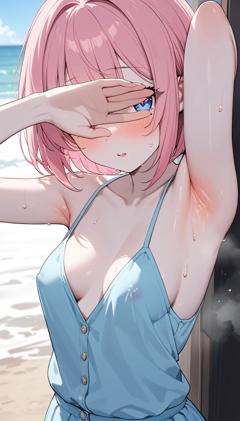 (1 girl),(Best Picture Quality, 8K, Masterpiece:1.3), (high school student:1.5), ((pink lob hair:1.1)), (bob cut),(swept bangs), (cute eyes, pupil black, iris skyblue, youthful face), (mole under right eye), (standard weight), (small breasts), (glistening skin:1.1),(pale skin:1.2),((showing armpits)),((casual summer clothes)),(flustered),(sweat),((fog skin:1.1)),(Beijing:1.2),((extremely detailed armpits)),(POV:1.2),summer season,(covering eyes),(nipple slip).