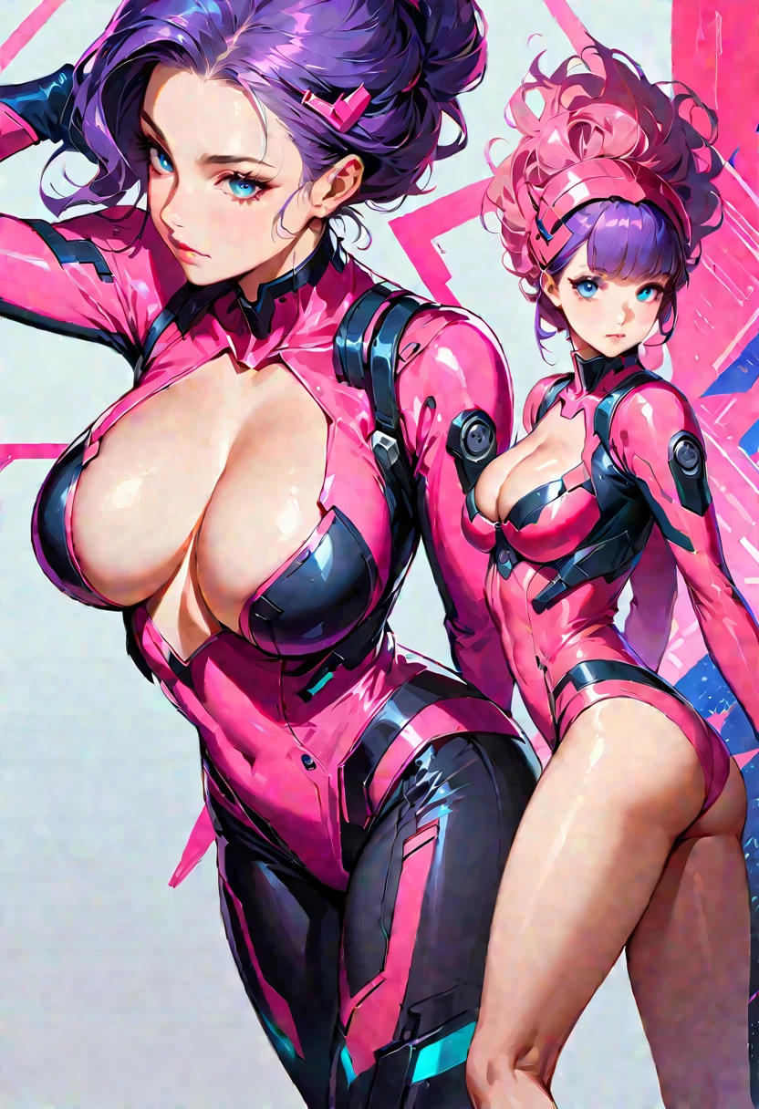 One young and beautiful woman,(Highest quality,Extremely detailed depiction,Incredibly absurd high resolution,Anatomically accurate depiction,Perfect body,Curvy Legs),(female sentai heroine),(White and pink cyberpunk suit),eyelash,(Blue Eyes,Natural Lip,Cool look,There is cleavage in the chest,whole body)