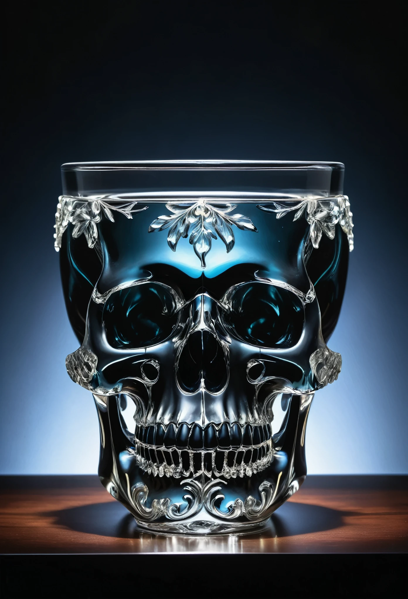 (best quality,4k,8k,highres,masterpiece:1.2),ultra-detailed,(realistic,photorealistic,photo-realistic:1.37),glass sculpture,skull-shaped,crystal-clear glass,fragile,elegant,fine details,master craftsmanship,exquisite design,highly intricate,delicate balance,translucent,reflective surface,subtle patterns,sublime artistry,metaphorical,mysterious fascination,play of light and shadow,ethereal vibe,hauntingly beautiful,pure aesthetics,sublime beauty,macabre elegance,luxurious feel,tactile texture,sublime balance,dark elegance,contrast between life and death,transparency,delicate crafting,polished edges,striking form,ceramic base,contrast between fragility and strength,unique charm,gothic allure,ghostly Skull Head Glass Cup,allure,epitome of artistry,impressive craftsmanship,marvelous masterpiece,majestic yet delicate,uniquely haunting,mesmerizingly eerie,exquisite resonance,embodying the enigmatic,artistic excellence,unveiling the mysteries of time,