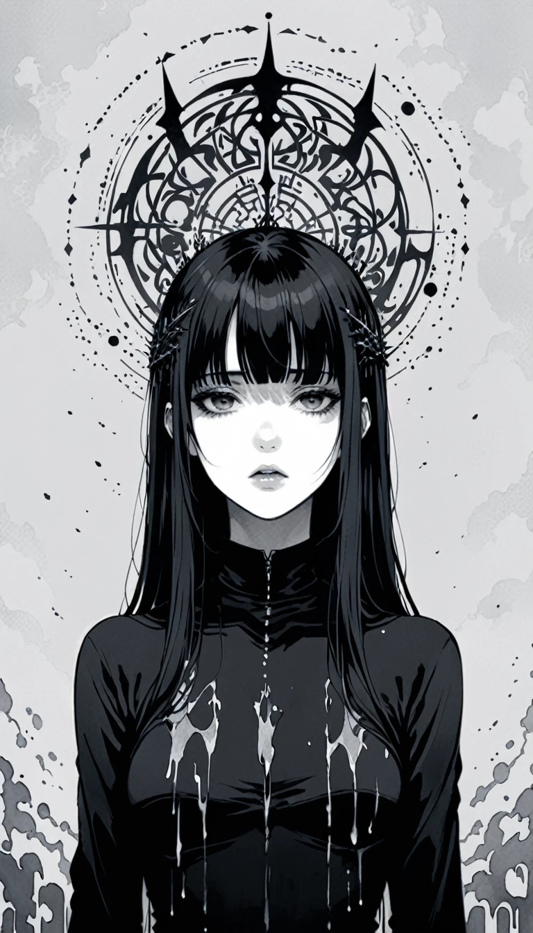 A monochromatic illustration featuring a young woman with long, straight black hair and bangs. The woman's expression is somber and intense, with piercing eyes and a straight, serious mouth. Her hair appears to blend into a dark, dripping design that transitions into the chest area of her black garment. The background is a light gray, creating a stark contrast with the dark elements of the figure. Text is present on both sides of her head, reading "God is Dead." The overall mood of the image is enigmatic and melancholic, evoking a sense of existential contemplation. The artistic style is reminiscent of modernist or minimalist black ink art.