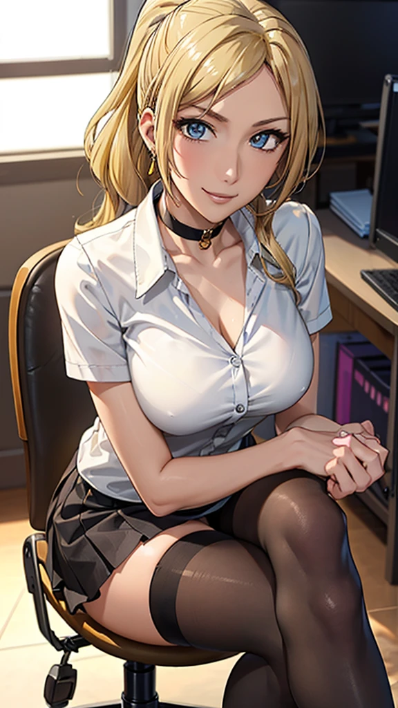 ((Correct Anatomy)),((Sit in an office chair)),((Cross your legs)),((((Black Stockings)))),((Beautiful feet)),((A shy smile)),((Lacy white )),((Office Costume)),((White blouse)),((Office Uniforms)),((Pleated mini skirt)),Ultra-high resolution,Mature Mature Woman,detailed,Extremely fine skin,Beautiful Skin,(Big Breasts),((Beau),Perfect hands, Detailed fingers, Beautiful details, ((Long blonde hair)),((ponytail)),Black choker, Earrings,High heels,High rise office building,Perfect Eyes, Captivating eyes