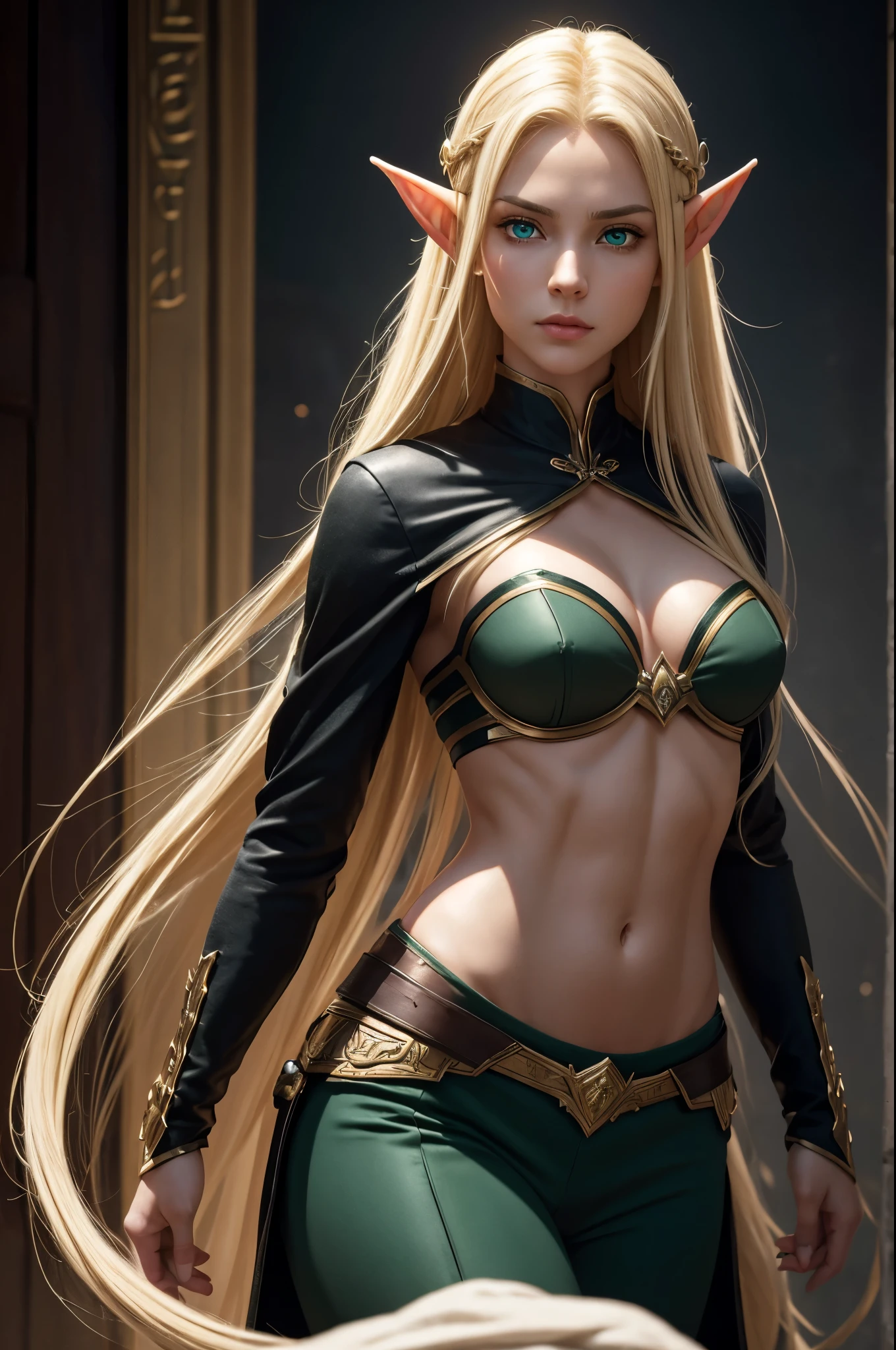 8k,An elf woman who serves as the vice-commander of the Brave Knights..,so beautiful(Like the real thing),Green Eyes,Elf Ears,Blonde Straight Hair,Muscular and slim body,Strongly defined abdominal muscles,Luxurious black exterior,Luxury Black Combat Trousers,sneer,Long, narrow eyes,masterpiece,Photorealistic RAW photos of the highest quality。Bright colors,Rich colors, Backlight, Cinema Lighting, Film Grain, to be born, 50mm lens, Nikon D850,Realistic Skin,Fantasy art,Character Art,Ultra-high resolution,Realistic scale skins,Perfect hand shape,View your viewers,Beautiful expression,1 comb&#39;hair,Very small breasts,豪華な緑と黒のVery small breastsの胸鎧,Luxurious black shoulder pad,Luxurious black gauntlets,Luxurious black armour,Luxurious black leg armor,View your viewers,Thin breastplate,Top-down view,close,Sharp Eyes,Dynamic fighting pose,Showing very little cleavage,smile,