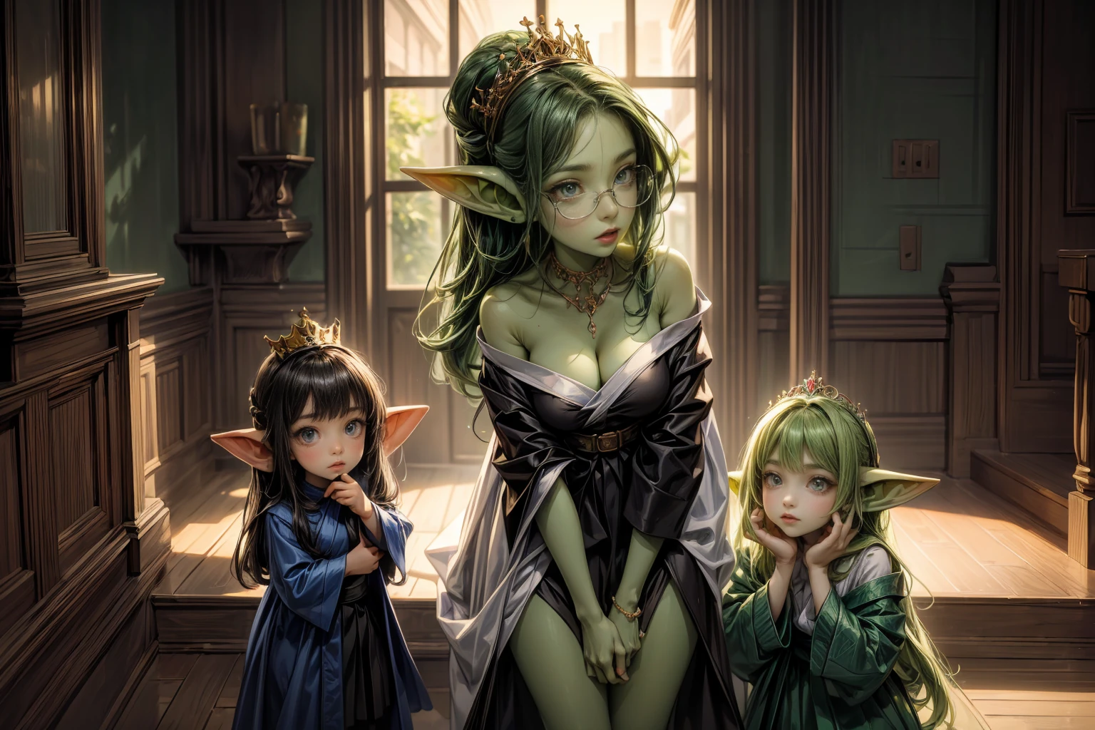 ((best quality)), ((masterpiece)), (detailed), perfect face, ((green skin)), (absurdrez), 3 goblin girls bowing to the viewer, standing and bowing, girl is wearing a white blouse and black skirt and glasses, girl is wearing a blue robe and crown