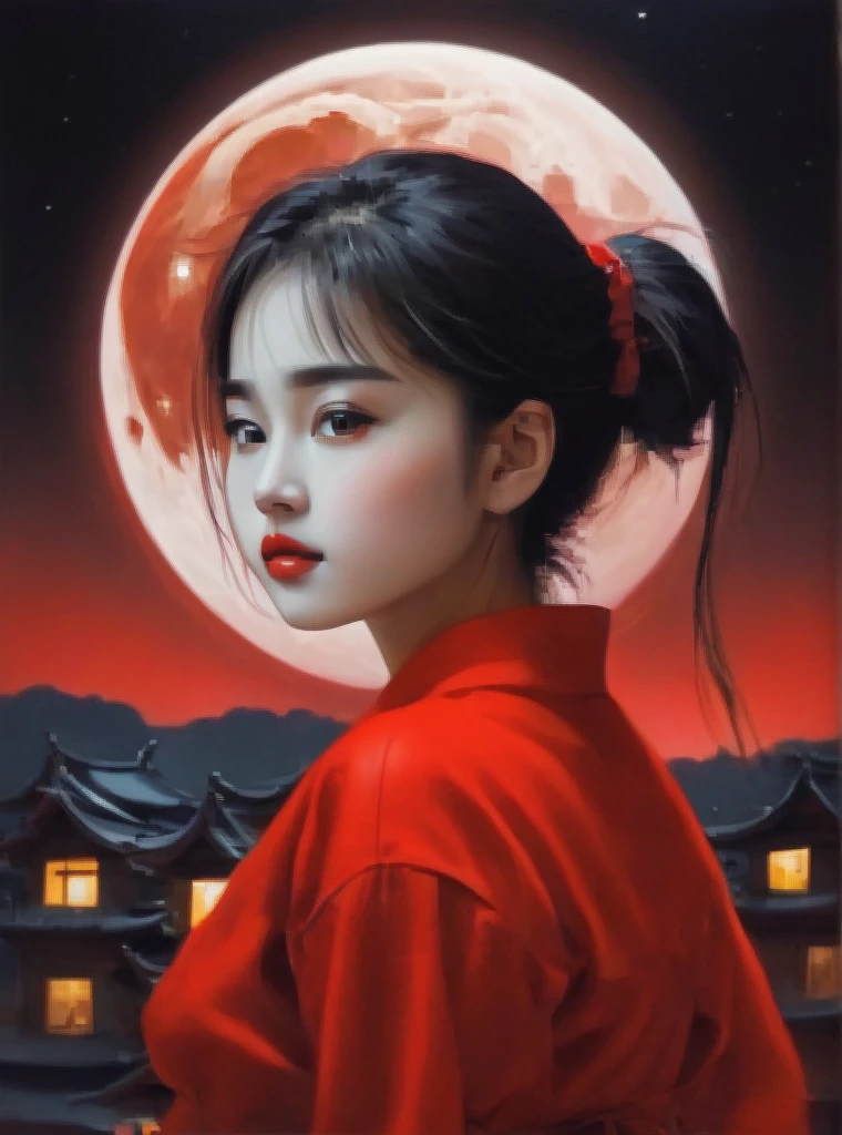 a girl in the red moon night 