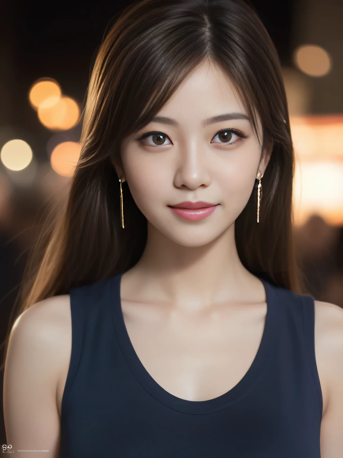 One Japanese woman, Close-up of face、Facing the audience、Watching the audience、Light brown hair、35-year-old housewife、(Skin-toned sleeveless T-shirt:1.3)、(RAW Photos, Highest quality), (Realistic, photo-Realistic:1.4), masterpiece, Very delicate and beautiful, Very detailed, 2k wallpaper, wonderful, In detail, Very detailed CG unity 8k wallpaper, Very detailed, High resolution, Soft Light, Beautiful detailed girl, Very detailed eyes and face, Beautifully detailed nose, Beautiful attention to detail, Cinema Lighting, City lights at night, Perfect Anatomy, smile、Heart Earrings、