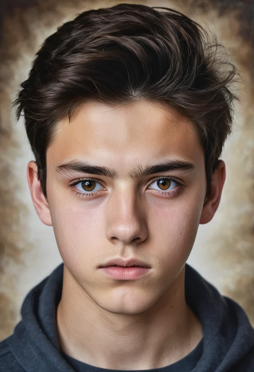 Portrait of very serious young man age 16 with dark brown hair black eyes, hyper realistic image 