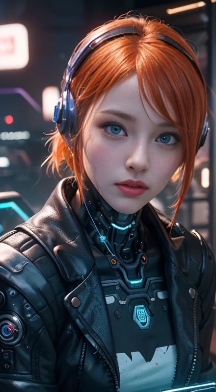 (Highest quality,4K,8k,High resolution,Tabletop:1.2), Very detailed, (Realistic,Realistic,Photorealistic:1.37), (Beautiful attention to detail, Beautiful lip detail, Very detailed目と顔, Long eyelashes),blue eyes、Orange Hair、 Studio Lighting,Physically Based Rendering,Vibrant colors, (cyber punk:1.5), Upper body