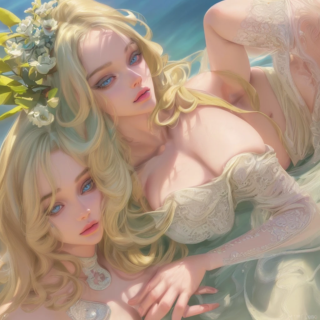one blonde girl with turquoise eyes, beautiful detailed eyes, beautiful detailed lips, extremely detailed face and eyes, long eyelashes, open swimsuit, lotus position, sea, waves, white water, sand, monster, bottom view, (best quality,4k,8k,highres,masterpiece:1.2),ultra-detailed,(realistic,photorealistic,photo-realistic:1.37),seascape,ocean,photography,vivid colors,studio lighting. big 