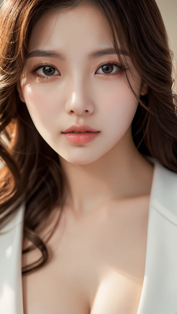 a beautiful korean woman with long hair, bright eyes, rosy lips, voluptuous breasts, formal clothing, extremely detailed face and portrait, cinematic lighting, beautiful detailed eyes, beautiful detailed lips, extremely detailed eyes and face, long eyelashes, graceful pose, high quality, 8k, photorealistic, masterpiece, vibrant colors, elegant, fashion photography