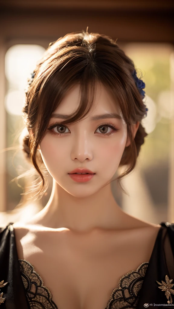 a beautiful korean woman with long hair, bright eyes, rosy lips, voluptuous breasts, formal clothing, extremely detailed face and portrait, cinematic lighting, beautiful detailed eyes, beautiful detailed lips, extremely detailed eyes and face, long eyelashes, graceful pose, high quality, 8k, photorealistic, masterpiece, vibrant colors, elegant, fashion photography