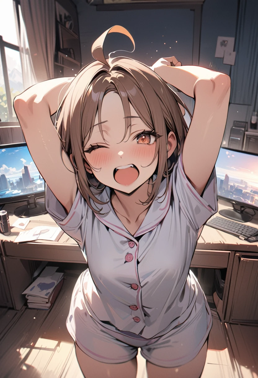 (masterpiece, best quality:1.5), (high resolution 8K), detailed eyes and face, detailed body, 
BREAK 1 girl, bob, center part, forehead, ahoge, messy hair, brown hair, piercing, brown eyes, 
BREAK one eye closed, wave mouth, yawn, stretch arms, 
BREAK  cozy pajamas, standing, at living room, in the morning, table, chair, television, 