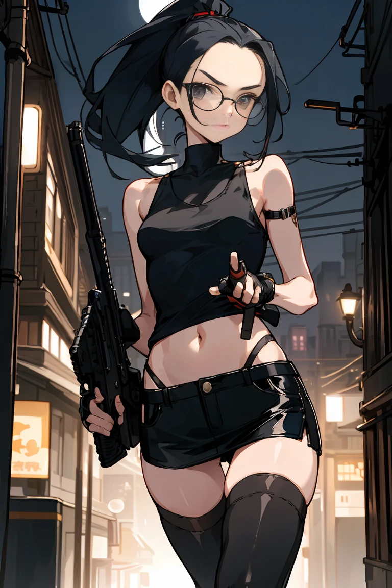 Navy hair, ponytail, forehead showing, glasses, strict look,　slender body, smaller head、ideal ratio body proportions,medium breasts,punk rock fashion、Black tank top、Navel is visible、black leather micro miniskirt、thigh_gap, black_thighhighs,standing,Holding a handgun in your hand、precise and accurate handgun、Trade port、warehouses lined up、Warehouse district、Tokyo、at night、moonlight、