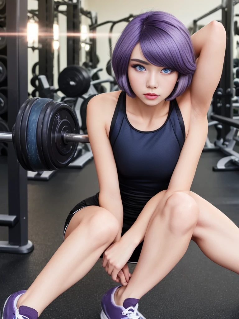 1 Woman, in gym, ((Light purple hair)), Bob Hair, ((big blue eyes)), Model appearance, cute face, 20 years old, ((Black sportswear)), high quality, 8k