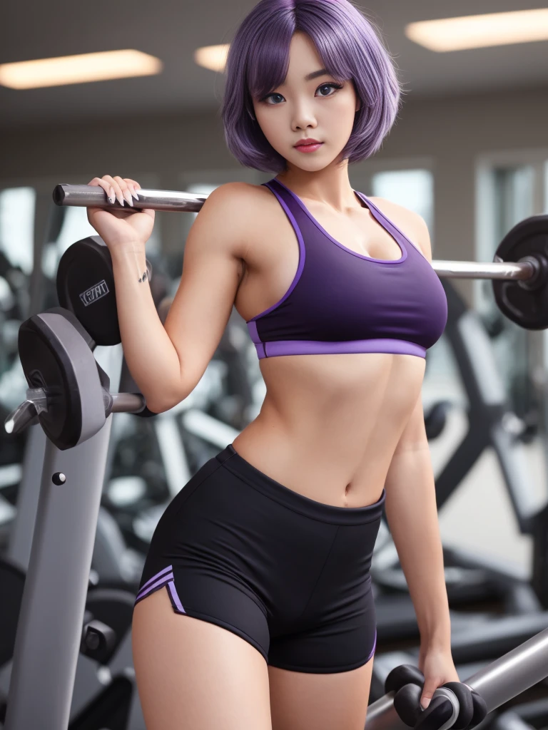 1 Woman, in gym, ((Light purple hair)), Bob Hair, ((big blue eyes)), Model appearance, cute face, 20 years old, ((Black sportswear)), high quality, 8k