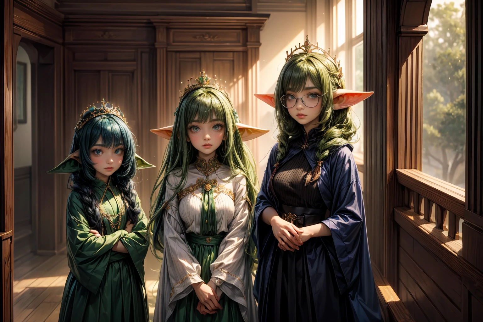 ((3girls)) ((best quality)), ((masterpiece)), (detailed), perfect face, ((green skin)), (absurdrez), 3 goblin girls bowing to the viewer, standing and bowing, first girl is wearing a white blouse and black skirt and glasses, second girl is wearing a blue robe and crown