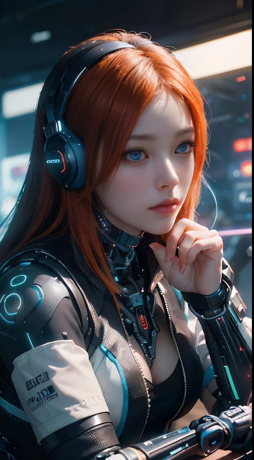 (Highest quality,4K,8k,High resolution,Tabletop:1.2), Very detailed, (Realistic,Realistic,Photorealistic:1.37), (Beautiful attention to detail, Beautiful lip detail, Very detailed目と顔, Long eyelashes),blue eyes、Orange Hair、 Studio Lighting,Physically Based Rendering,Vibrant colors, (cyber punk:1.5),　Upper body