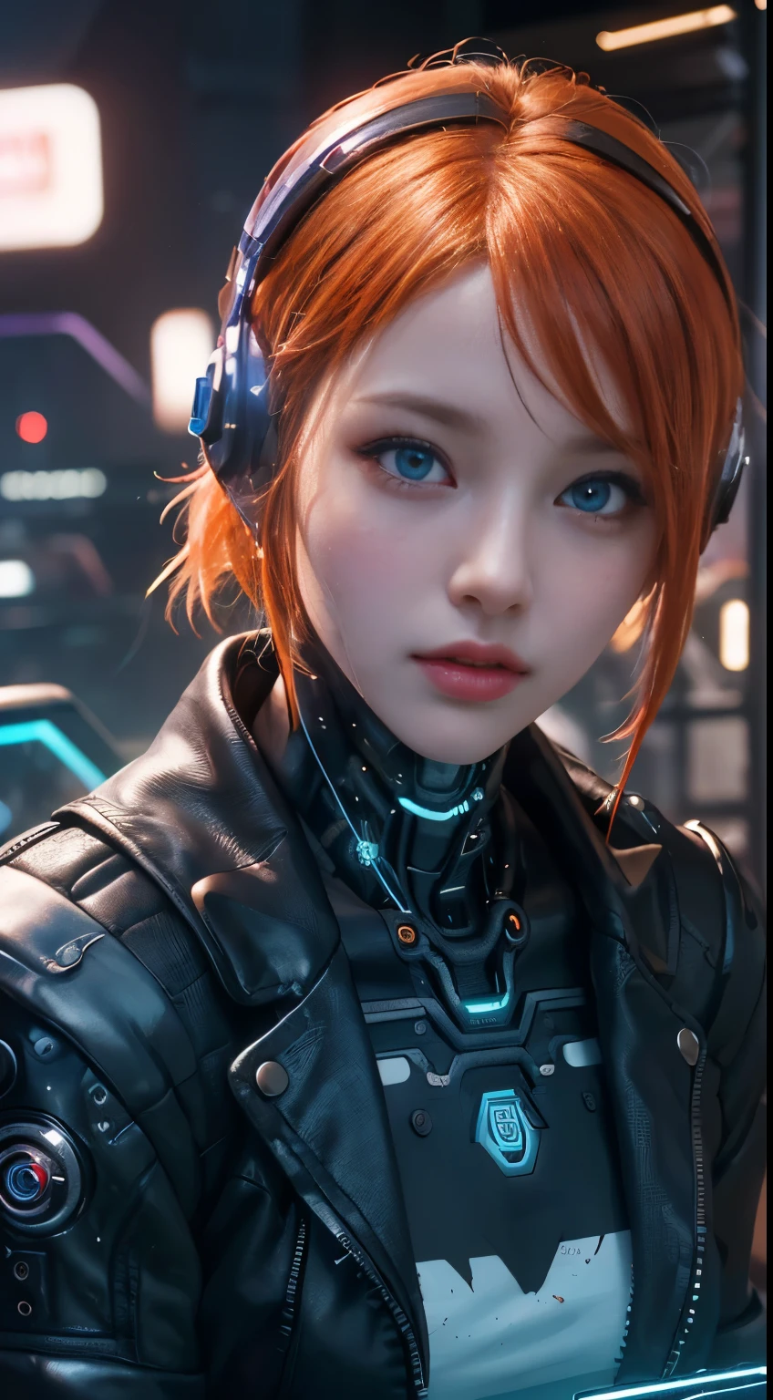 (Highest quality,4K,8k,High resolution,Tabletop:1.2), Very detailed, (Realistic,Realistic,Photorealistic:1.37), (Beautiful attention to detail, Beautiful lip detail, Very detailed目と顔, Long eyelashes),blue eyes、Orange Hair、 Studio Lighting,Physically Based Rendering,Vibrant colors, (cyber punk:1.5), Upper body