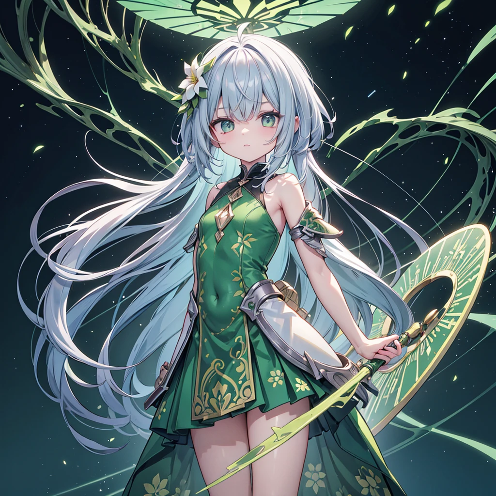 a male hybrid of a human and a flower plant. His hair consists of small flowers that are constantly blooming and changing color depending on his mood. His skin is green in color with patterns reminiscent of a leaf network. The veins in the arms and legs glow with a soft green light. Large flowers grow from its shoulders and back, which it can use as a weapon or shield in case of danger.