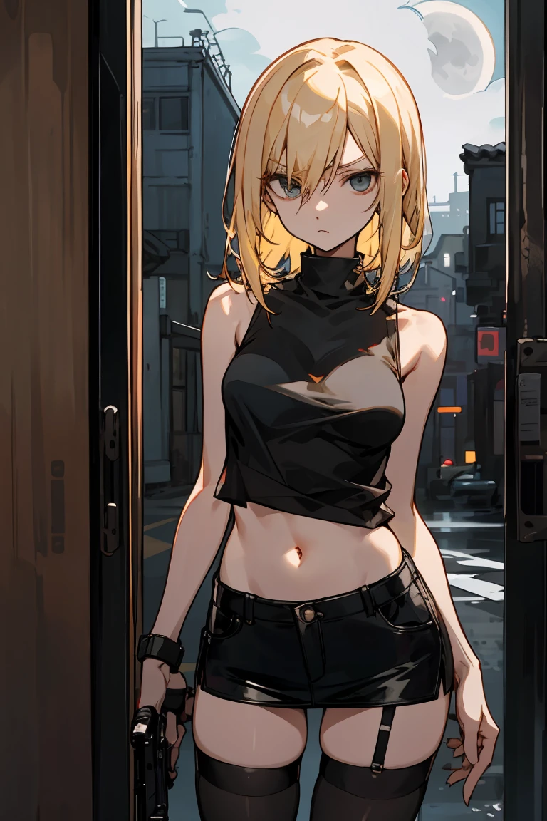 blonde hair, straight medium hair, cool, taciturn, expressionless, indifferent,、ideal ratio body proportions,medium breasts,punk rock fashion、Black tank top、Navel is visible、black leather micro miniskirt、thigh_gap, black_thighhighs,standing,Holding a handgun in your hand、precise and accurate handgun、Trade port、warehouses lined up、Warehouse district、Tokyo、at night、moonlight、