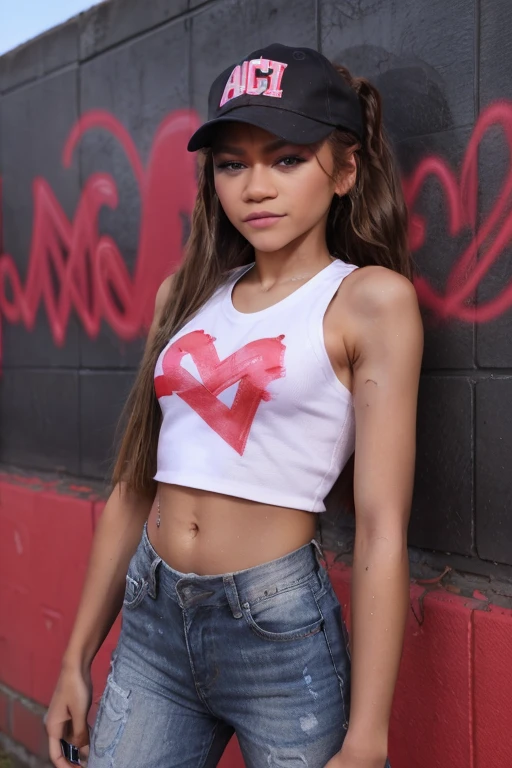 Zendaya with brown long cornrows hair wearing a baseball cap on backwards, red top, jeans, sneakers and black rubber gloves. she is spray painting the word "LOVE" on a brick wall with some graffiti hearts.