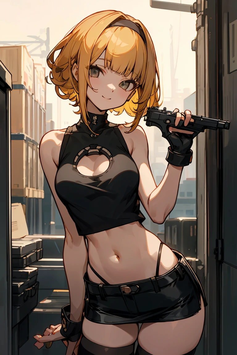 Dark Yellow hair, short curly hair, blunt bangs, wearing a hair band, calm, gentle smile, delicate、ideal ratio body proportions,medium breasts,punk rock fashion、Black tank top、Navel is visible、black leather micro miniskirt、thigh_gap, black_thighhighs,standing,Holding a handgun in your hand、precise and accurate handgun、Trade port、warehouses lined up、Warehouse district、Tokyo、at night、moonlight、