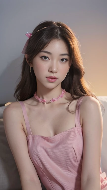 Gentle portrait of a beautiful Asian woman, flowing hair, captivating blue eyes, delicate features, radiant smile, natural makeup, elegantly dressed, ((Pink colour Boatneck Sleeveless Vintage Tea Dress)),  ( hair adornment、bow ribbon、frilld、shairband、Jewelry Accessories ), gentle expression, slight blush, warm skin tones, fantastic lighting, soft shadows, high-resolution digital painting, realistic style, artistic interpretation, by a skilled portraitist.
