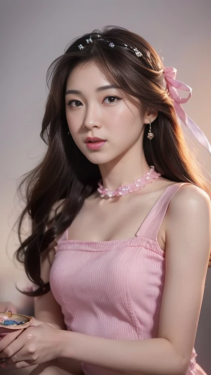 Gentle portrait of a beautiful Asian woman, flowing hair, captivating blue eyes, delicate features, radiant smile, natural makeup, elegantly dressed, ((Pink colour Boatneck Sleeveless Vintage Tea Dress)), ( hair adornment、bow ribbon、frilld、shairband、Jewelry Accessories ), gentle expression, slight blush, warm skin tones, fantastic lighting, soft shadows, high-resolution digital painting, realistic style, artistic interpretation, by a skilled portraitist.