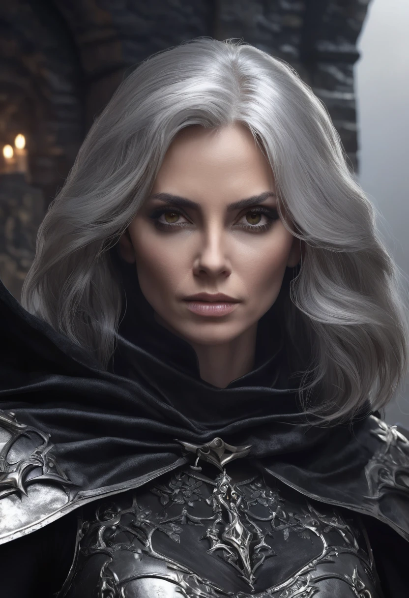 1 woman, she is a witch, inside a dark and gloomy castle e of stones, wearing black and silver armor with a black cloth cape around it, detailed facatures, female light brown eyes, detailed white skin, dark woman, gray hair, dramatic lighting, cinematic composition, dark palette, dark colors, atmospheric fog, thin chin, serious face, serious face, strong and beautiful woman (best quality, 4K, 8K, high resolution, art: 1.2), ultra detailed (realistic, photorealistic, photorealistic: 1.37)