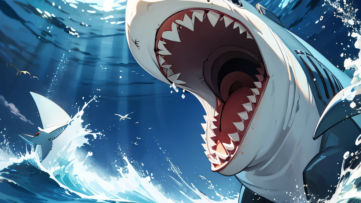 A shark，Open your mouth，Show your teeth