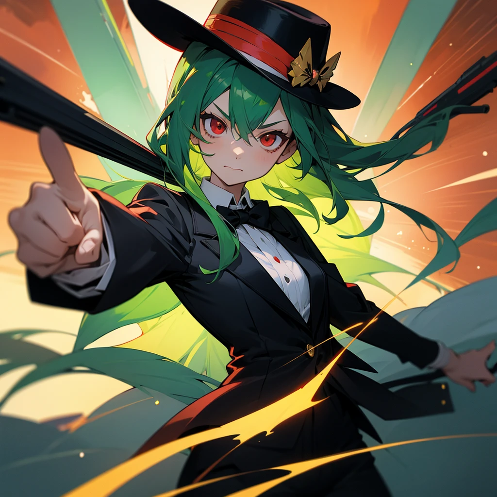 anime girl pointing a gun againist her head, menacing face, red eyes, green hair, space behind, fedora, tuxedo, floating in the middle of space