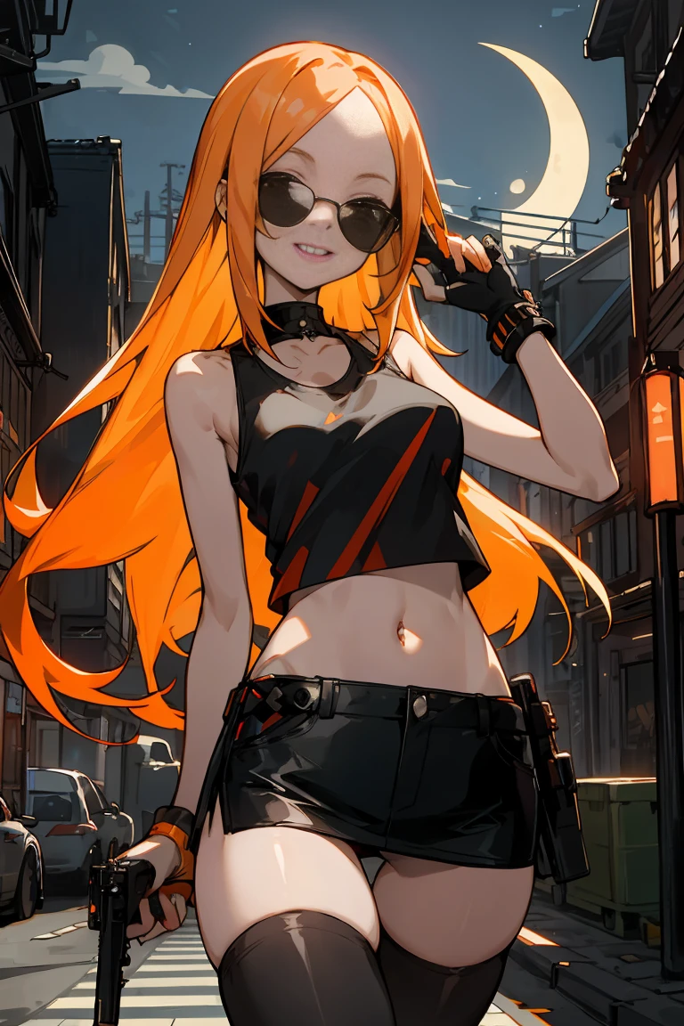 pale orange hair, long straight hair, forehead showing, long bangs, wearing sunglasses, lively, bright expression, bright smile、ideal ratio body proportions,medium breasts,punk rock fashion、Black tank top、Navel is visible、black leather micro miniskirt、thigh_gap, black_thighhighs,standing,Holding a handgun in your hand、precise and accurate handgun、Trade port、warehouses lined up、Warehouse district、Tokyo、at night、moonlight、