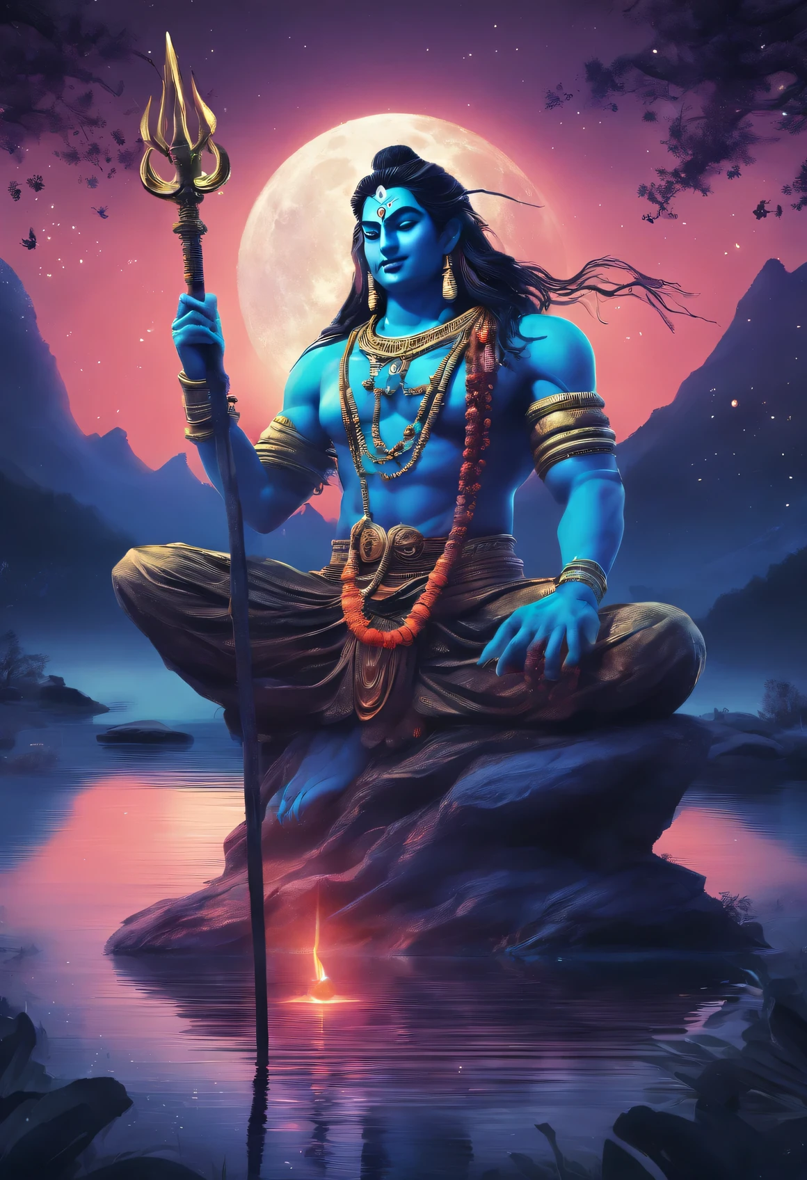 a male lord shiva with blue skin, dreadlock hair, slender figure, holding a trident, sitting on a lotus flower in a tranquil lake with a full moon in the night sky, dramatic lighting, intricate details, digital art, cinematic, hyperrealistic, volumetric lighting, chiaroscuro, vibrant colors