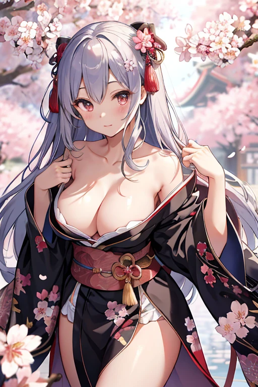 Kimono with fluttering chest、Cleavage、No bra、Thighs、、Holding a Japanese sword in one hand、Beautiful Girl Swordsman（（E Cup、Long silver hair、Side Tail））、Cherry blossom background