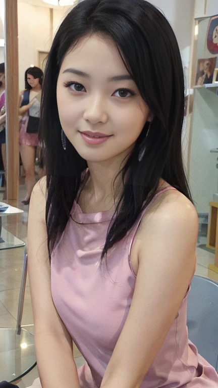 Gentle portrait of a beautiful Asian woman, flowing hair, captivating blue eyes, delicate features, radiant smile, natural makeup, elegantly dressed, ((Pink colour Boatneck Sleeveless Vintage Tea Dress)),  ( hair adornment、bow ribbon、frilld、shairband、Jewelry Accessories ), gentle expression, slight blush, warm skin tones, fantastic lighting, soft shadows, high-resolution digital painting, realistic style, artistic interpretation, by a skilled portraitist.