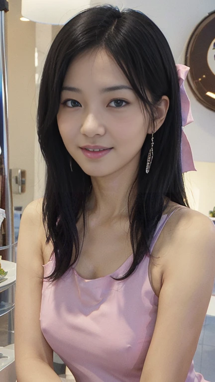 Gentle portrait of a beautiful Asian woman, flowing hair, captivating blue eyes, delicate features, radiant smile, natural makeup, elegantly dressed, ((Pink colour Boatneck Sleeveless Vintage Tea Dress)),  ( hair adornment、bow ribbon、frilld、shairband、Jewelry Accessories ), gentle expression, slight blush, warm skin tones, fantastic lighting, soft shadows, high-resolution digital painting, realistic style, artistic interpretation, by a skilled portraitist.