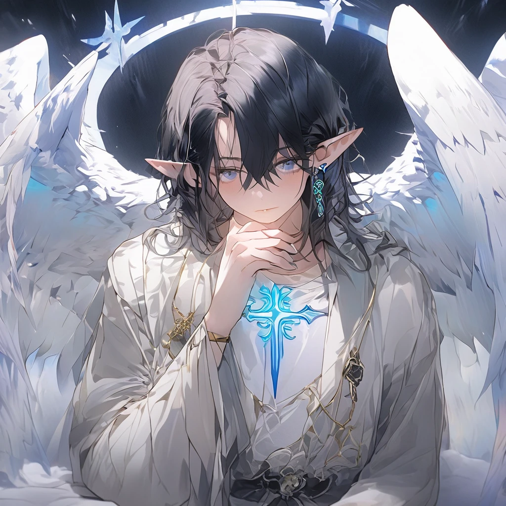 (*Best Quality 4K Artwork*)an elf boy, slim, comely, Indigo hair on the top and ends is Neon Blue, shorth hair, His hair is straight down, slanted blue eyes, He wears a Tight Black T-Shirt with a Neon Aqua Symbol on the Chest like a Falcon, Behind the Cortas He has an Aqua Neon Arch also with Tips Resembling Wings, Over the Black T-Shirt he has a White Silk Fabric covering the Shoulders and Waist in a V shape., At the Waist He has a String Tied in Purple Color, in his hands he has golden bracelets, Evil Pose Sitting on a Throne, Palace in the Clouds background from the inside.