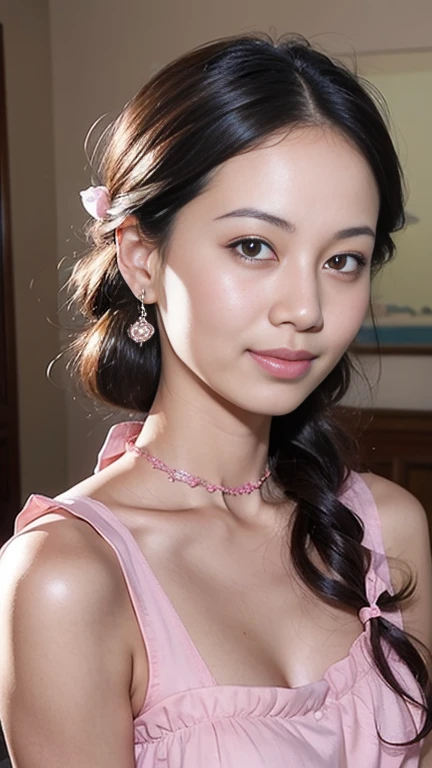 Gentle portrait of a beautiful Asian woman, flowing hair, captivating blue eyes, delicate features, radiant smile, natural makeup, elegantly dressed, ((Pink colour Boatneck Sleeveless Vintage Tea Dress)),  ( hair adornment、bow ribbon、frilld、shairband、Jewelry Accessories ), gentle expression, slight blush, warm skin tones, fantastic lighting, soft shadows, high-resolution digital painting, realistic style, artistic interpretation, by a skilled portraitist.