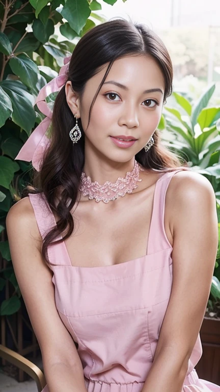 Gentle portrait of a beautiful Asian woman, flowing hair, captivating blue eyes, delicate features, radiant smile, natural makeup, elegantly dressed, ((Pink colour Boatneck Sleeveless Vintage Tea Dress)), ( hair adornment、bow ribbon、frilld、shairband、Jewelry Accessories ), gentle expression, slight blush, warm skin tones, fantastic lighting, soft shadows, high-resolution digital painting, realistic style, artistic interpretation, by a skilled portraitist.