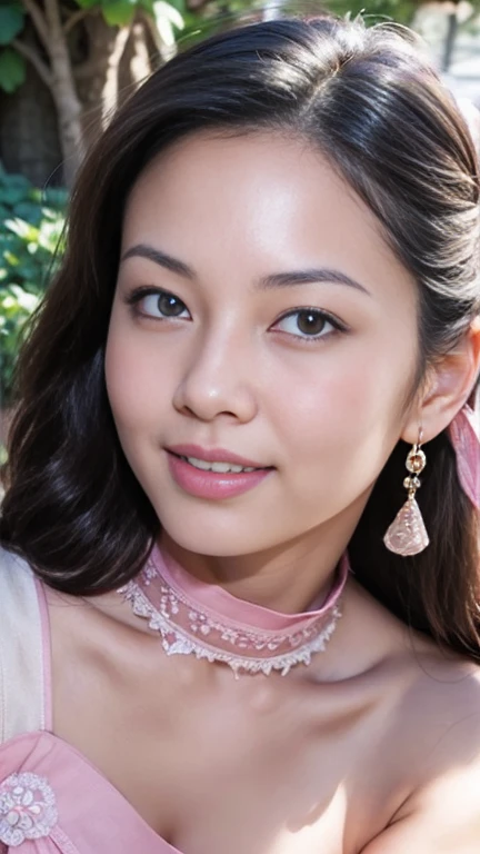 Gentle portrait of a beautiful Asian woman, flowing hair, captivating blue eyes, delicate features, radiant smile, natural makeup, elegantly dressed, ((Pink colour Boatneck Sleeveless Vintage Tea Dress)), ( hair adornment、bow ribbon、frilld、shairband、Jewelry Accessories ), gentle expression, slight blush, warm skin tones, fantastic lighting, soft shadows, high-resolution digital painting, realistic style, artistic interpretation, by a skilled portraitist.