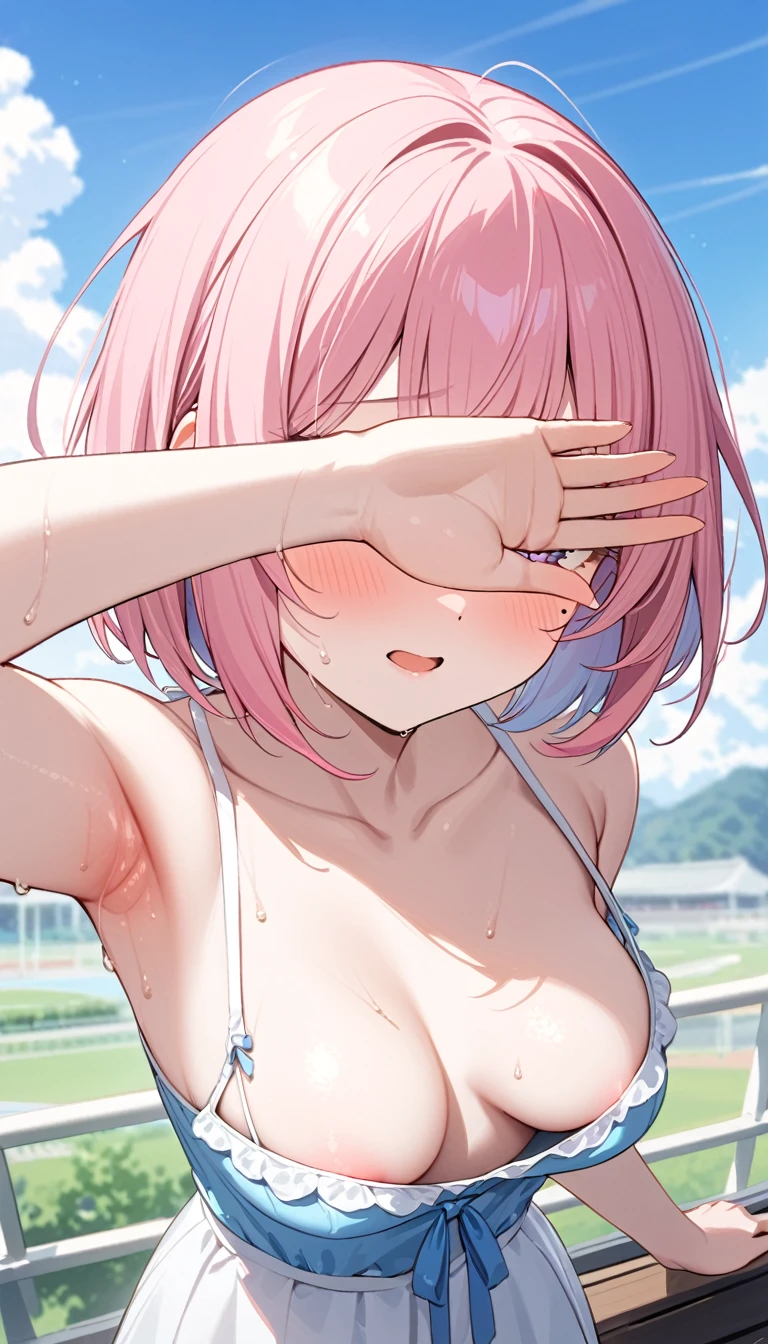 (1 girl),(Best Picture Quality, 8K, Masterpiece:1.3), (high student:1.5), ((pink lob hair:1.1)), (bob cut),(swept bangs), (cute eyes, pupil black, iris skyblue, youthful face), (mole under right eye), (standard weight), (small breasts), (glistening skin:1.1),(pale skin:1.2),((showing armpits)),((casual summer clothes)),(flustered),(sweat),((fog skin:1.1)),(Beijing:1.2),((extremely detailed armpits)),(POV:1.2),summer season,(covering eyes),(nipple slip).