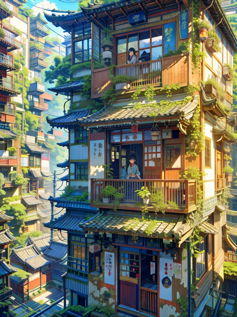 there is a tall building with many windows and plants growing on the side, hanging gardens, nature taking over, european japanese buildings, overgrown city, like jiufen, intricately detailed buildings, tokyo - esque town, the neat and dense buildings, insanly detailed, dreamy chinese town, overgrown with plants, bonsai tree house, japanese town, incredibly beautiful