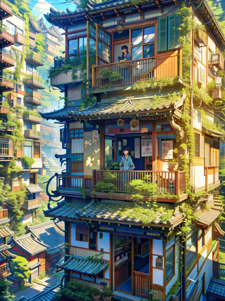 there is a tall building with many windows and plants growing on the side, hanging gardens, nature taking over, european japanese buildings, overgrown city, like jiufen, intricately detailed buildings, tokyo - esque town, the neat and dense buildings, insanly detailed, dreamy chinese town, overgrown with plants, bonsai tree house, japanese town, incredibly beautiful