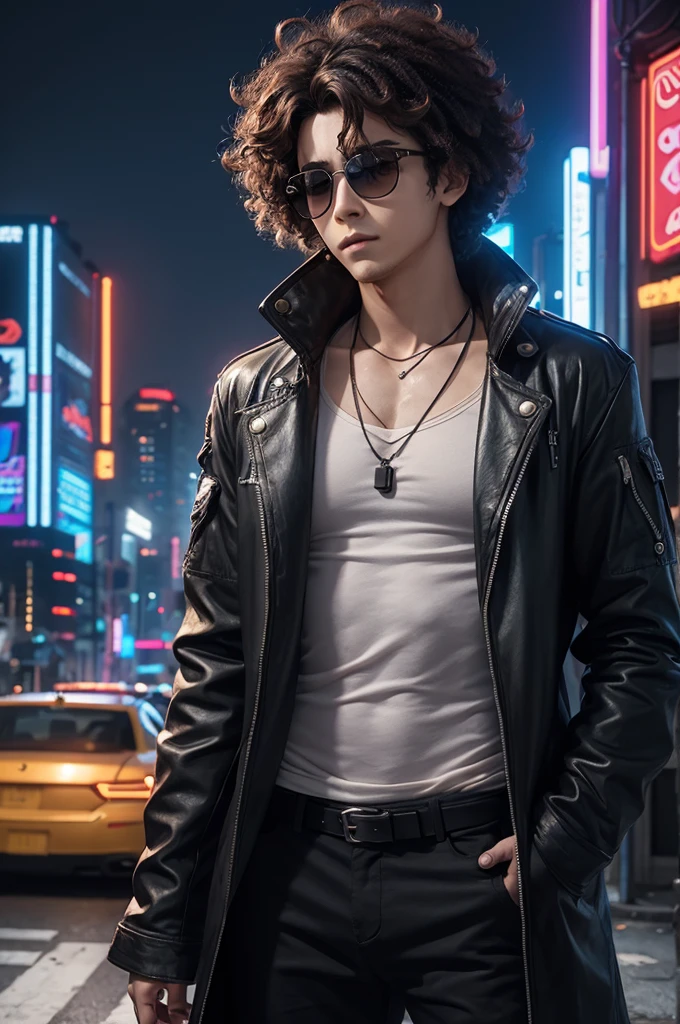 male character, anime styling, curly hair, round lens sunglasses, in the background a cyberpunk city